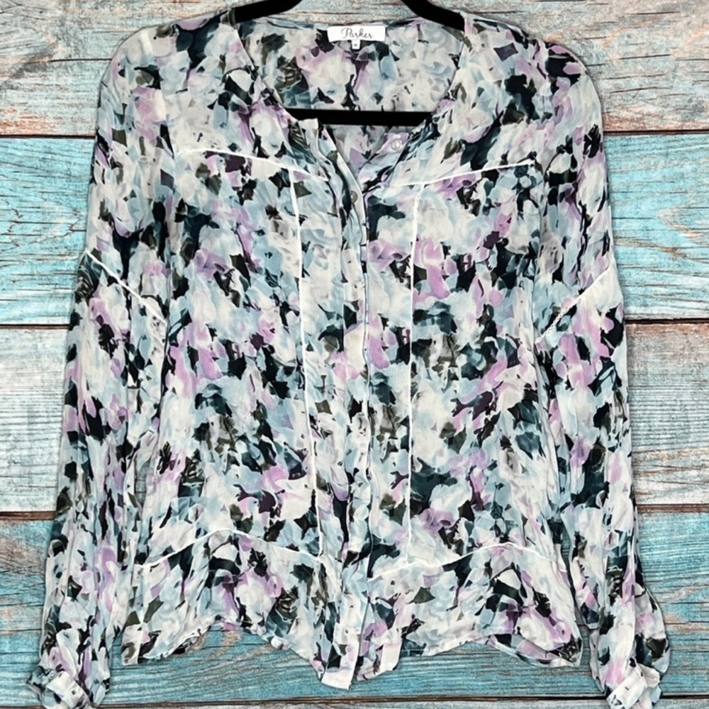 Parker Silk Top XS‎ Pastel Floral Button Front Seams Ruffle Hem Boho Garden